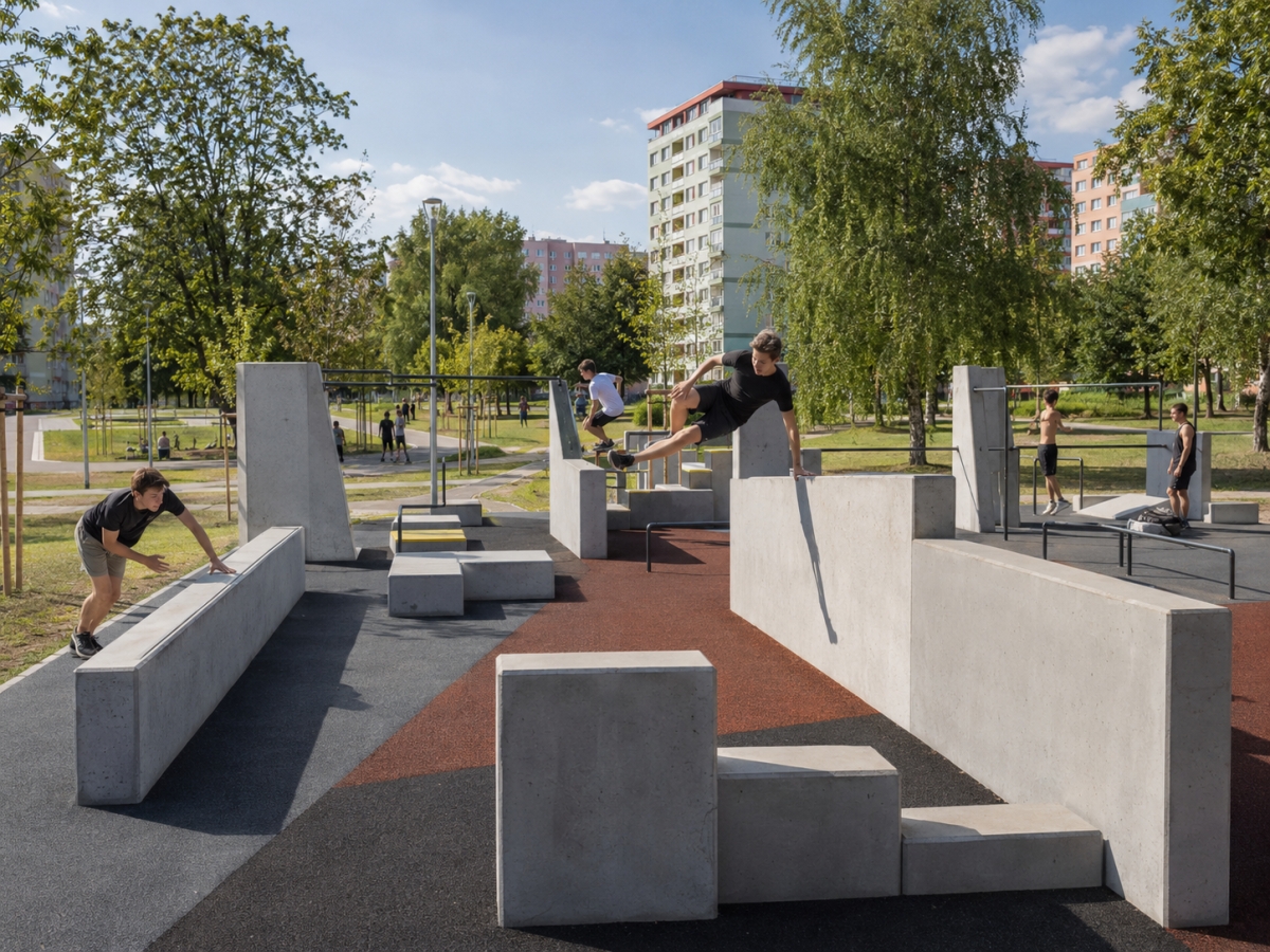 Parkourové hřiště s betonovými bloky